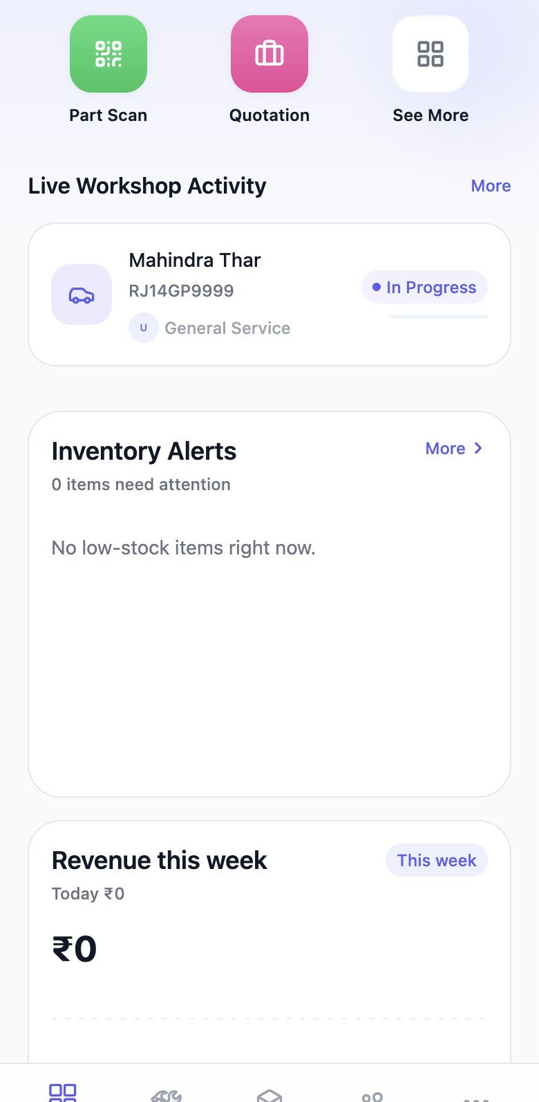 Live workshop activity with job progress and low-stock alerts
