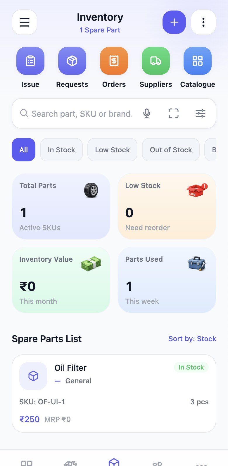 Spare parts inventory with stock status, SKU, and reorder alerts