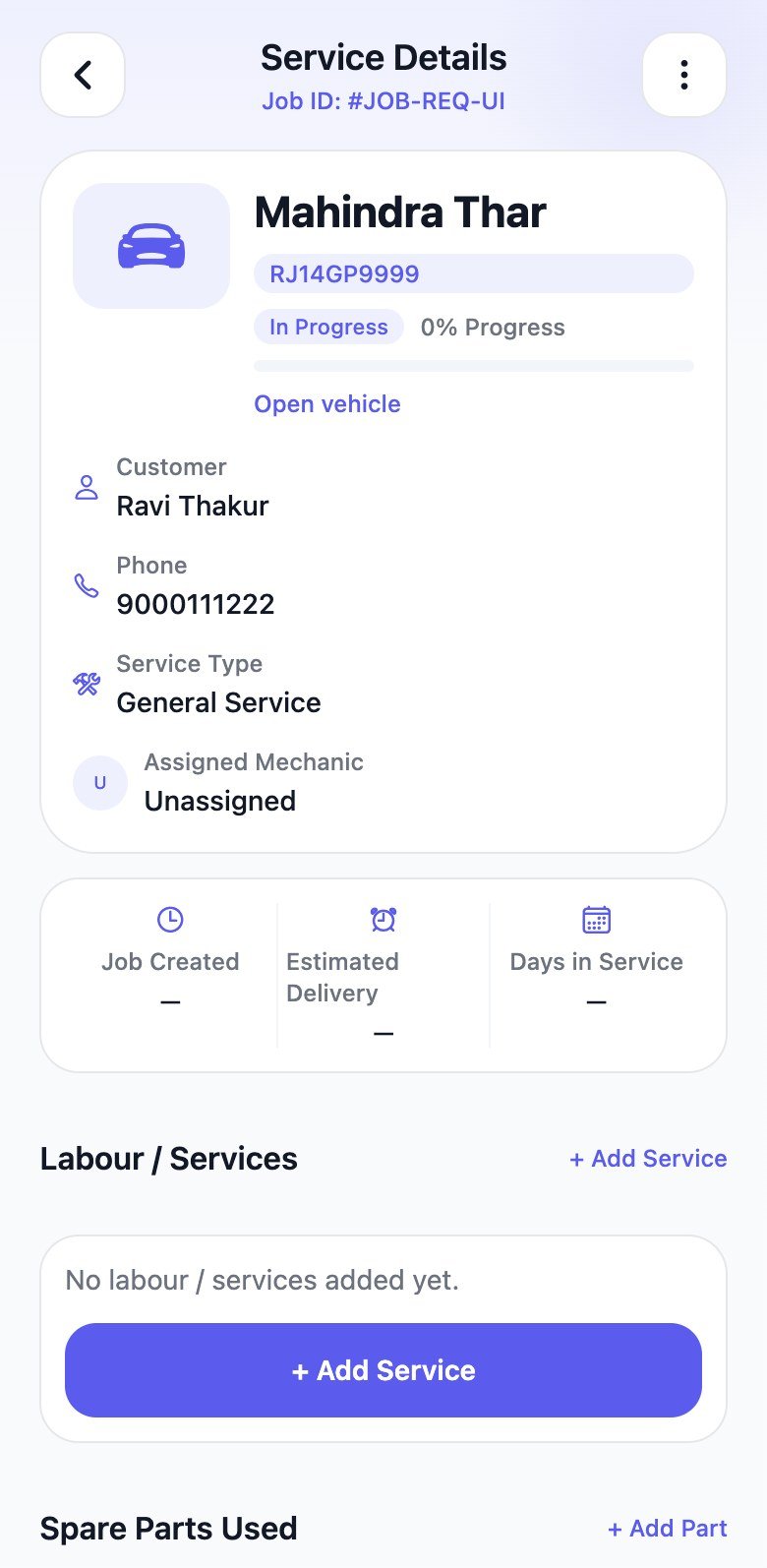GearPhy service details for a Mahindra Thar job in progress