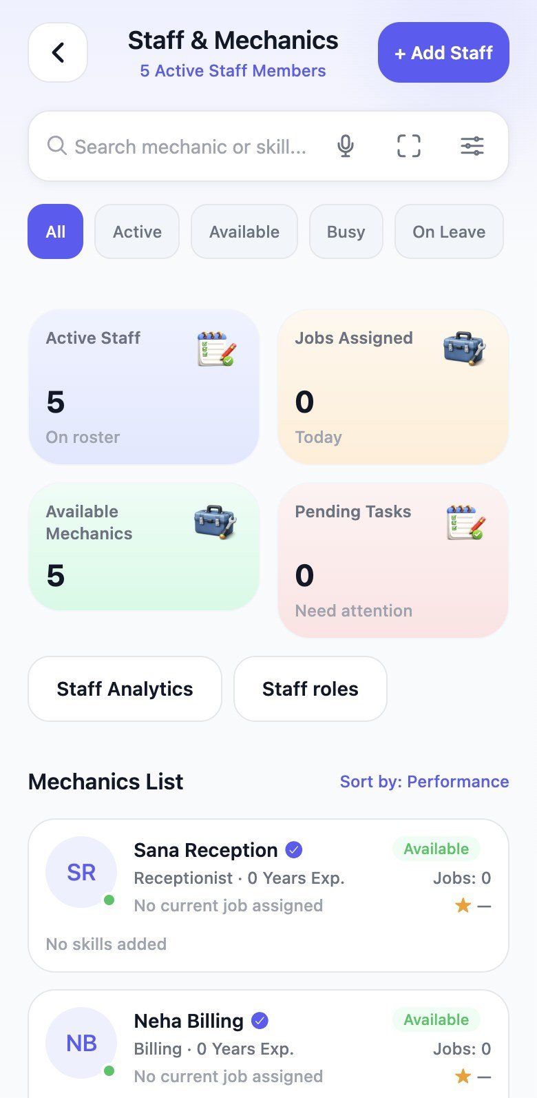 Staff and mechanics list with availability and specializations